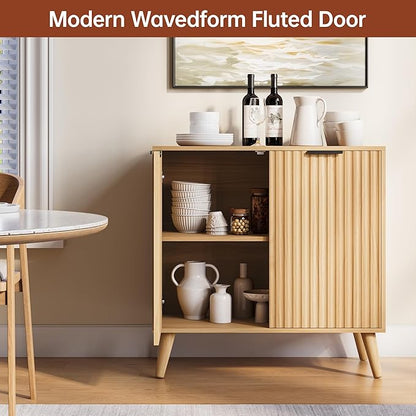 Fluted Sideboard Buffet Cabinet with Storage, 2 Doors Modern Sideboard Cabinet for Living Room, Wood Coffee Bar Cabinets with Adjustable Shelves Accent Credenza for Kitchen, Entryway, Natural