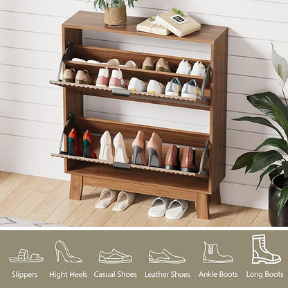 Shoe Cabinet Storage for Entryway with 2 Flip Drawers, Fluted Narrow Shoe Organizer with Wooden Legs, Freestanding Slim Shoe Storage Hidden Shoe Rack Organizer for Front Door Entrance, Walnut