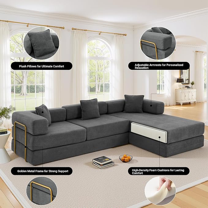 ivoros 108" Oversized Convertible Sleeper Sofa Bed, Corduroy L Shape Sectional Couch, Folding Sofa Bed with Fixed-Shape Frame, Modern Cloud Floor Mattress Couch, Modular Sofa for Living Room,Grey