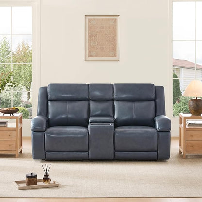 Watson & Whitely Genuine Leather Power Loveseat Recliner Sofa, Wall Hugger Loveseat Reclining Sofa with Storage Console, Power Headrest, Cup Holders, Dual Recliners for Living Room, RV, Navy Blue