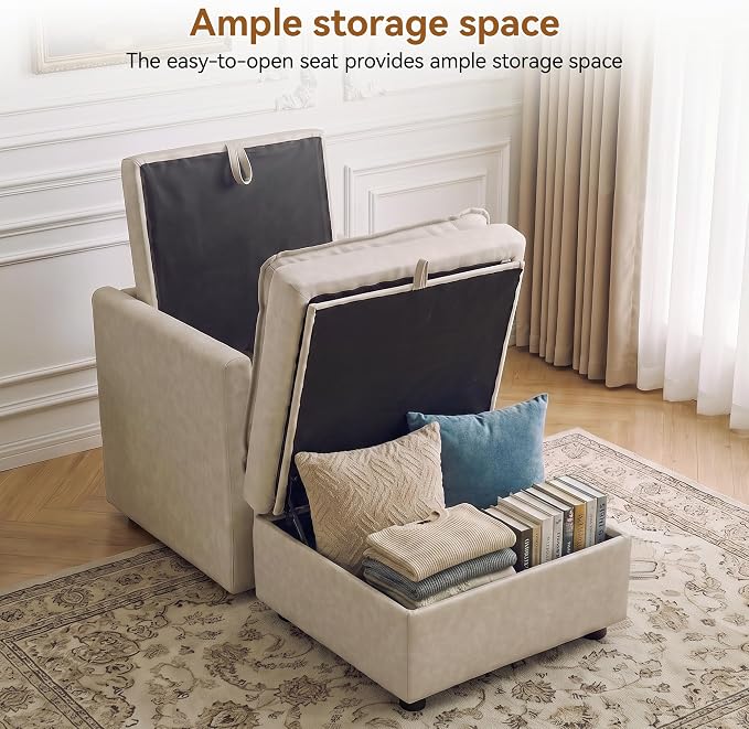 30" Beige Faux Leather Storage Sofa Chair, Single Accent Chair with Ottoman | Modern Upholstered Deep Seat Sofa Chair, Comfort for Reading, Lounging, and Small spaces, Armchair for Living Room, Bedroom