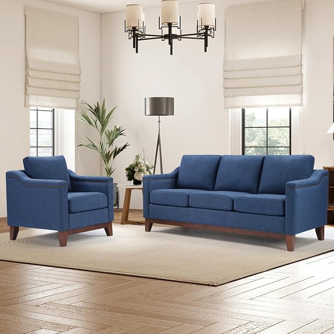 HAOMARKETS Modern 2 Piece Sofa Set with Rivets, Included Fabric Accent Chair and Upholstered 3-Seater Couches with Solid Wood Legs, Living Room Furniture Set,Blue