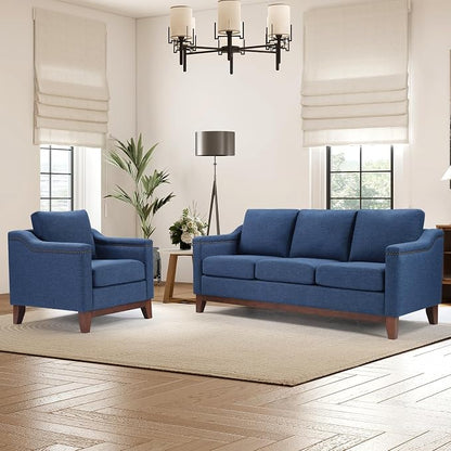 HAOMARKETS Modern 2 Piece Sofa Set with Rivets, Included Fabric Accent Chair and Upholstered 3-Seater Couches with Solid Wood Legs, Living Room Furniture Set,Blue