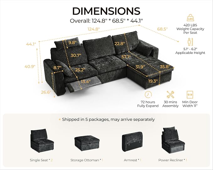 124.8'' Oversized Power Recliner Sofa with Headrest, Extra Wide Modular Cloud Sectional Reclining Couch, Convertible 4-Seater with Storage Ottoman for Home Theater Living Room, Chenille, Black