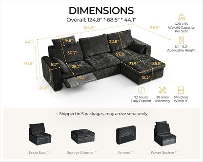 124.8'' Oversized Power Recliner Sofa with Headrest, Extra Wide Modular Cloud Sectional Reclining Couch, Convertible 4-Seater with Storage Ottoman for Home Theater Living Room, Chenille, Black