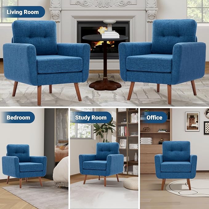 Tbfit Linen Fabric Single Sofa, Accent Chair, Mid Century Modern Armchair for Living Room, Bedroom Button Tufted Upholstered Comfy Reading Sofas, Blue