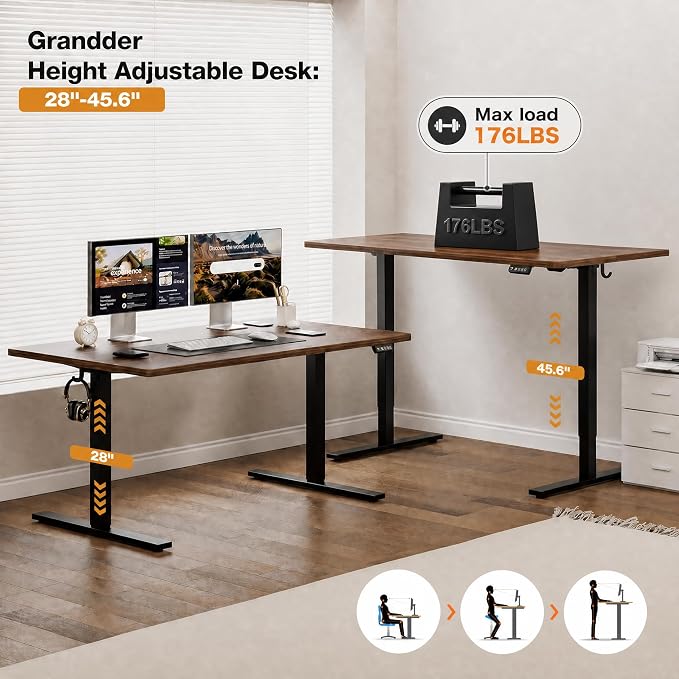 Grandder 47x32 Large Electric Standing Desk, Height Adjustable Computer Desk with 2 Memory Presets, 31.5" Deep Desktop Sit Stand Desk Home Office Desk Workstation Table with Hooks, Walnut