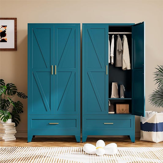 COFaR Metal Wardrobe Closet, 71" Armoire Cabinet with Drawer & Hanging Rod, Freestanding 2-Door Clothing Storage with Adjustable Shelf, Elegant Bedroom Organizer (Peacock Blue)