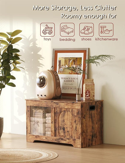 DINZI LVJ Storage Chest, 31.5”Wooden Toy Box with 2 Safety Hinges, Entryway Storage Bench with Flip-Top, Sturdy Storage Trunk for Living Room, Bedroom, Easy Assembly, Rustic Brown