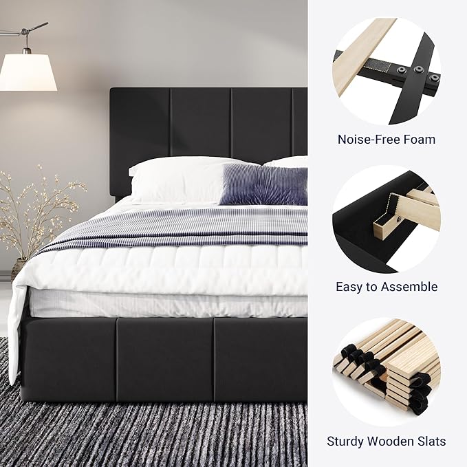 Allewie Queen Size Dutch Velvet Upholstered Platform Bed Frame/Vertical Channel Tufted Adjustable Headboard/Low Profile Bed Frame/No Box Spring Needed/Easy Assembly/Black