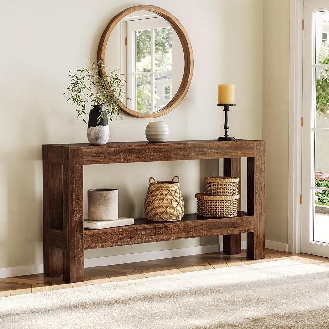 LITTLE TREE 63-Inch Wood Entryway Table, Long Farmhouse Narrow Console Table for Living Room, Hallway, Sofa, Entry, Entrance, Foyer, Behind Couch with 2-Tier Shelves, Brown