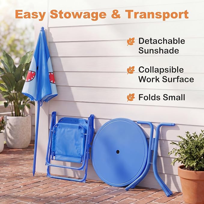 HONEY JOY Kids Picnic Table, Animal Themed Toddler Outdoor Table and Chair Set, 2 Folding Chairs & Removable Umbrella, Children Outdoor Furniture for Backyard Patio Garden (Navy Shark)