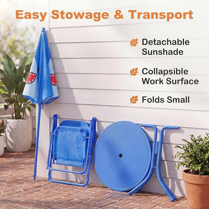 HONEY JOY Kids Picnic Table, Animal Themed Toddler Outdoor Table and Chair Set, 2 Folding Chairs & Removable Umbrella, Children Outdoor Furniture for Backyard Patio Garden (Navy Shark)