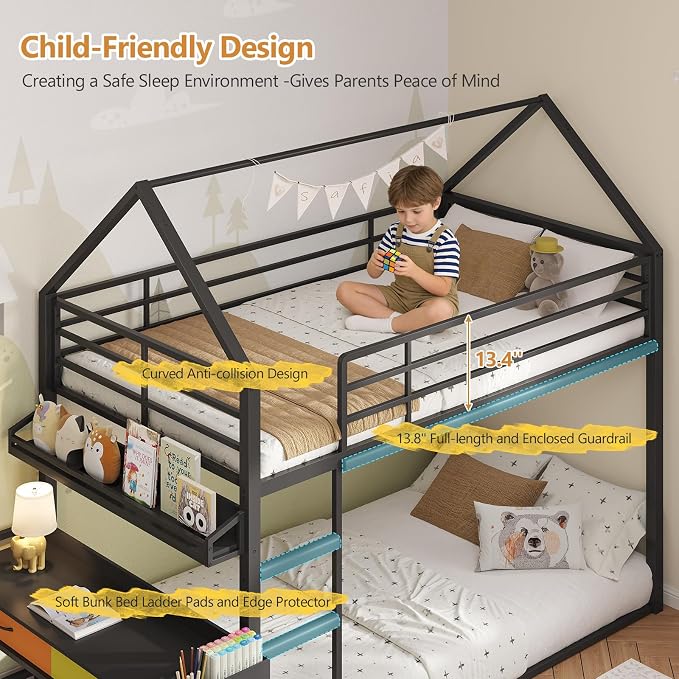 DICTAC Twin Over Twin Low Bunk Bed with Desk and Drawers, Black | Metal House Shaped Low Bunk Bed, 2 Storage Drawers, Bookshelf and Side Pocket, Floor Bunk Bed with 13.4''H Safety Guardrail