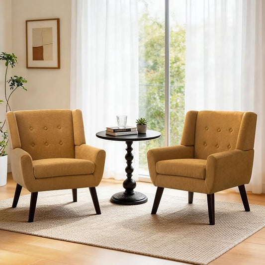 HUIMO Button-Tufted Accent Chairs Set of 2,Upholstered Reading Living Room Chair,Mid Century Modern Chair with Linen Fabric, Club Chair,Comfy Arm Chairs for Living Room,Bedroom,Mustard Yellow