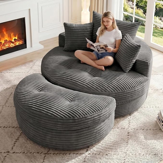 Oversized Round Chaise Lounge Chair, Deep Seat Cloud Boneless Floor Sofa Couch, Upholstered Corduroy Sleeper with 3 Pillows & Optional Ottoman, No Assembly Modern Lazy Floor Lounger for Living Room