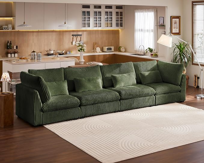 154" Oversized Corduroy Couch Modular Sectional Sofa, Washable Cloud Couch Sectional, 4 Seater Sectional Couches for Living Room, Fully Cover Removable, Basic 4 Seater, Corduroy, Green