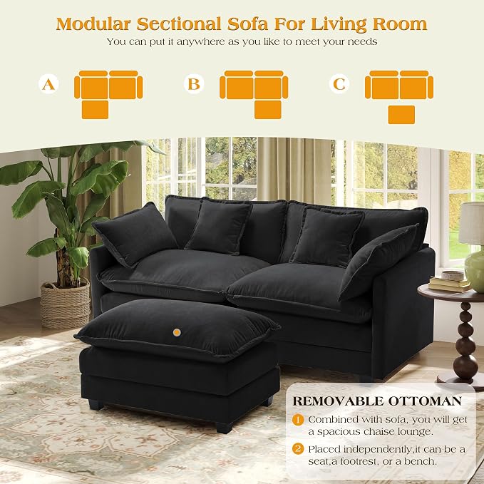 77.6" Modular Sectional Sofa,Loveseat Couch for Living Room, Modern Deep Seat Sofa 2 Seater Chenille Fabric Comfy Cloud Couches with Throw Pillows & Ottoman for Apartment,Small Spaces