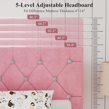 VECELO Twin Size Bed Frame with Diamond Tufted Headboard, Upholstered Platform Bedframe with Wood Slat Support, No Box Spring Needed, Velvet & Pink