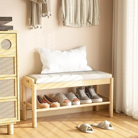 Entryway Shoe Storage Bench, 2-Tier Wood Shoe Rack with Cushion, Padded Seat Entryway Organizer with Shelf & Hidden Storage for Entry, Hallway, Living Room, Bedroom, Closet (Natural, 31.5")