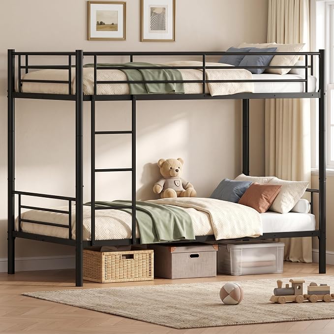 Bunk Bed Twin Over Twin, Metal Bunk Bed with Front Ladder and Safety Guardrail, Space-Saving Twin Bunk Beds for Kids, Teens & Adults, No Box Spring (Front Laddder, Black)
