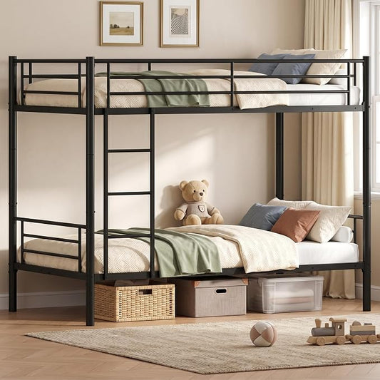 Bunk Bed Twin Over Twin, Metal Bunk Bed with Front Ladder and Safety Guardrail, Space-Saving Twin Bunk Beds for Kids, Teens & Adults, No Box Spring (Front Laddder, Black)