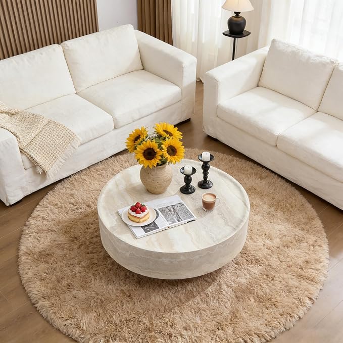 35.43" Modern Coffee Table Faux Marble Round Coffee Tables, Fiberglass Drum Center Table, Accent Low Circle Coffee Table Stone, Minimalist Sofa Side End Table for Living Room Apartment Office