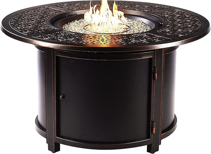 Aluminum 57,0000 BTU 44 in. Round Propane Black Fire Pit Table with Fire Beads, Lid, Propane Tank Cover and Table Fabric Covers in Copper Finish