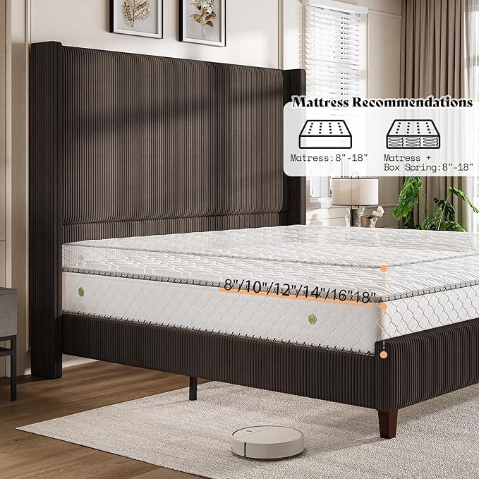 AMERLIFE Queen Size 62" Corduroy Upholstered Bed Frame, Luxurious Platform Bed with Extra Tall Wingback Headboard and Vertical Stripe, No Box Spring Needed/Solid Wood Slats & Legs/Chestnut
