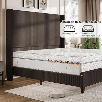 AMERLIFE Queen Size 62" Corduroy Upholstered Bed Frame, Luxurious Platform Bed with Extra Tall Wingback Headboard and Vertical Stripe, No Box Spring Needed/Solid Wood Slats & Legs/Chestnut