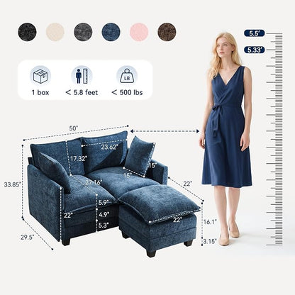 L-Shape Loveseat Sofa Couch with Ottoman, Small 50" Love Seat 27" Deep Cloud Sofa Washable Chenille Pillow for Apartment Bedroom Dorm Attic Studio Office Living Room Small Space 8833-BLUE-L