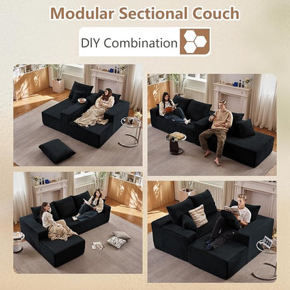 96" Modular Sectional Sofa,Modern Corduroy Cloud Couch,Boneless Couch Upholstered 3-Seater L-Shaped Sofa for Living Room,Couch in a Box No Assembly (Black, Left-Facing Chaise)