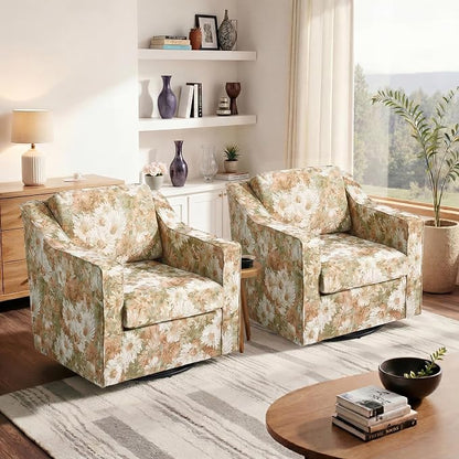 Swivel Accent Chair, Modern Round Barrel Arm Chair for Living Room, Bedroom, Comfy Club Reading Chairs for Adults (Sand Blooms, Set of 2)