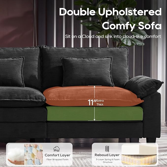 URRED Oversized Modular Sectional Sofa, 87" L Shaped Modern Comfy Cloud Couch with Movable Ottoman & Pillows, Deep Seat Couches for Living Room, Bedroom or Apartment (Corduroy Black, 87" L Shaped)