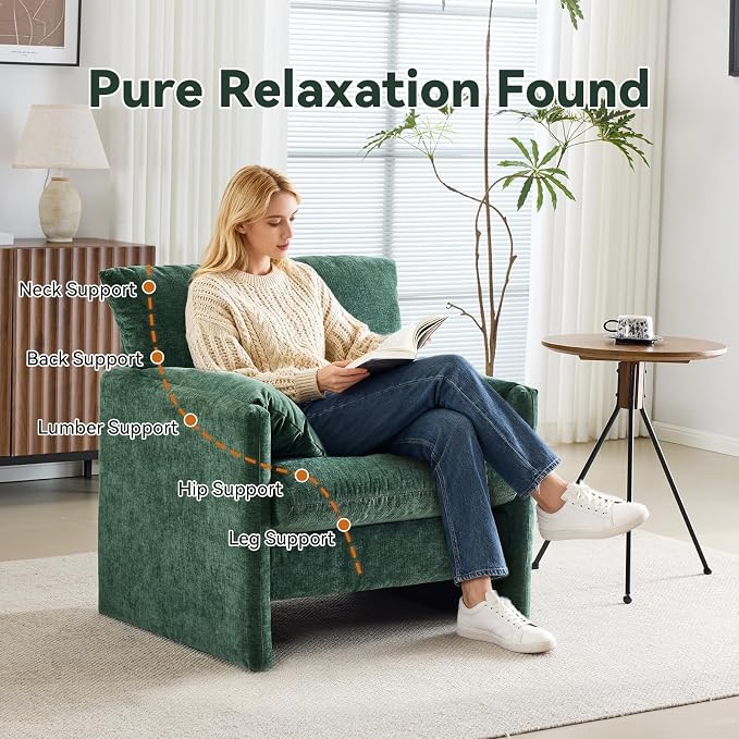 34" Wide Accent Chair for Living Room, Chenille Oversized Armchair Modern Upholstered Lounge Chair Mid-Century Reading Chair for Bedroom Comfy Single Sofa Chair, Green