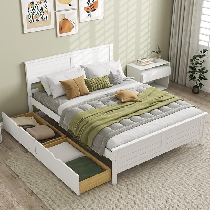 KOMFOTT Full Size Wood Bed Frame with 2 Storage Drawers, Mid Century Platform Bed Frame with Headboard, Sturdy Wooden Slats Support, Modern Mattress Foundation, No Box Spring Required, Easy Assembly