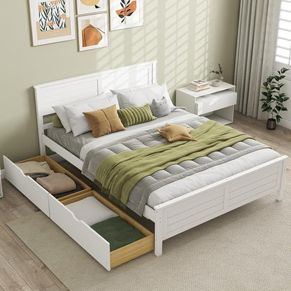 KOMFOTT Full Size Wood Bed Frame with 2 Storage Drawers, Mid Century Platform Bed Frame with Headboard, Sturdy Wooden Slats Support, Modern Mattress Foundation, No Box Spring Required, Easy Assembly