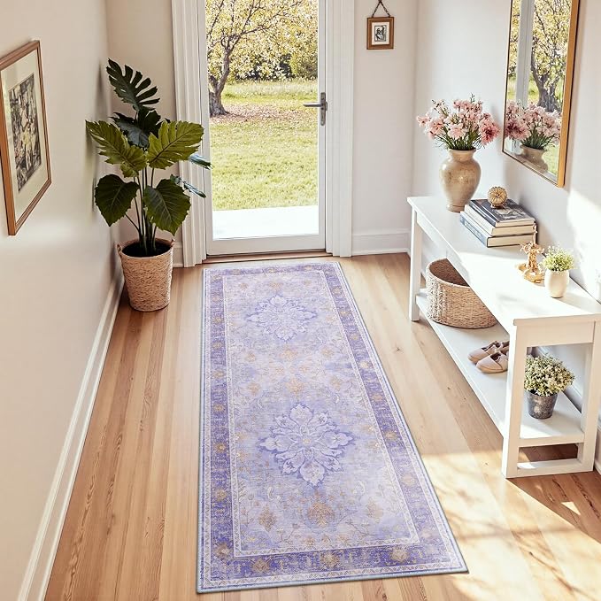 RELEANY Area Rugs Runner 2'x6' Washable Non-Slip, Floral Vintage Distress Medallion Carpet for Kitchen Hallway Bedroom Beside Laundry Room Bathroom, Light Purple Brown