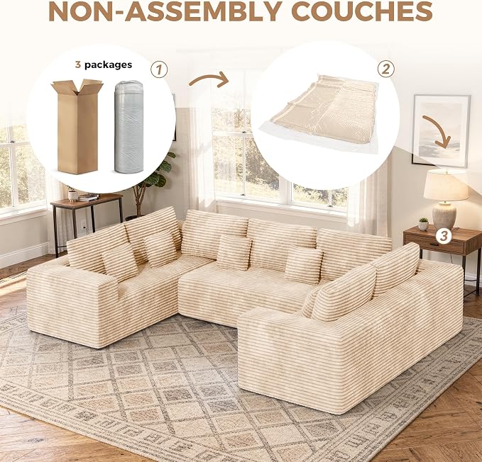 Luxanimarion 136'' Sectional Cloud Couches with Chaise, U Shaped Boneless Oversized 6 Seater Sofa, No Assembly Required Deep Seat Lounge for Living Room 3PCS Set, Bedroom(Khaki)