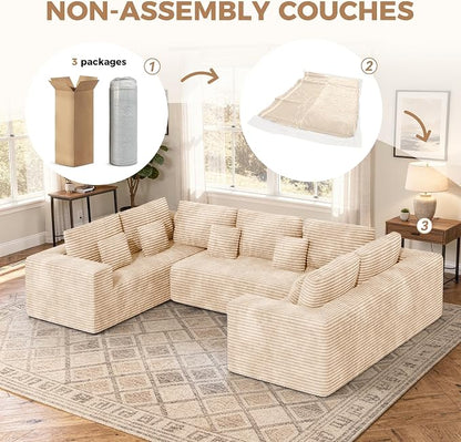 Luxanimarion 136'' Sectional Cloud Couches with Chaise, U Shaped Boneless Oversized 6 Seater Sofa, No Assembly Required Deep Seat Lounge for Living Room 3PCS Set, Bedroom(Khaki)