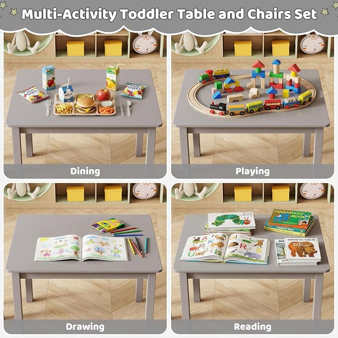 DOREROOM Wooden Kids Table and 4 Chairs, Multi-Activity Toddler Table and Chairs Set, Kids Table and Chairs Set for Arts, Crafts and Snack Time, Toddler Activity Table and Chairs for Age 3-8 (Gray)