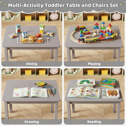 DOREROOM Wooden Kids Table and 4 Chairs, Multi-Activity Toddler Table and Chairs Set, Kids Table and Chairs Set for Arts, Crafts and Snack Time, Toddler Activity Table and Chairs for Age 3-8 (Gray)