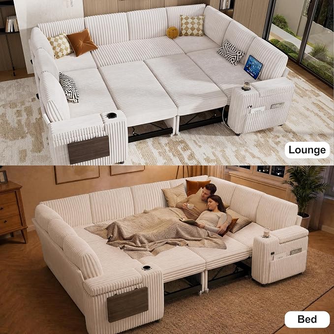 Vipbear 111" Modular Sectional Sleeper Sofa with Pull Out Bed, 8 Seat Plush Corduroy U Shaped Couch with Storage Chaise|USB Ports|Cup Holders|Side Table| Storage Armrests, Tool Free Assembly, Beige