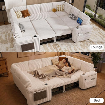 Vipbear 111" Modular Sectional Sleeper Sofa with Pull Out Bed, 8 Seat Plush Corduroy U Shaped Couch with Storage Chaise|USB Ports|Cup Holders|Side Table| Storage Armrests, Tool Free Assembly, Beige