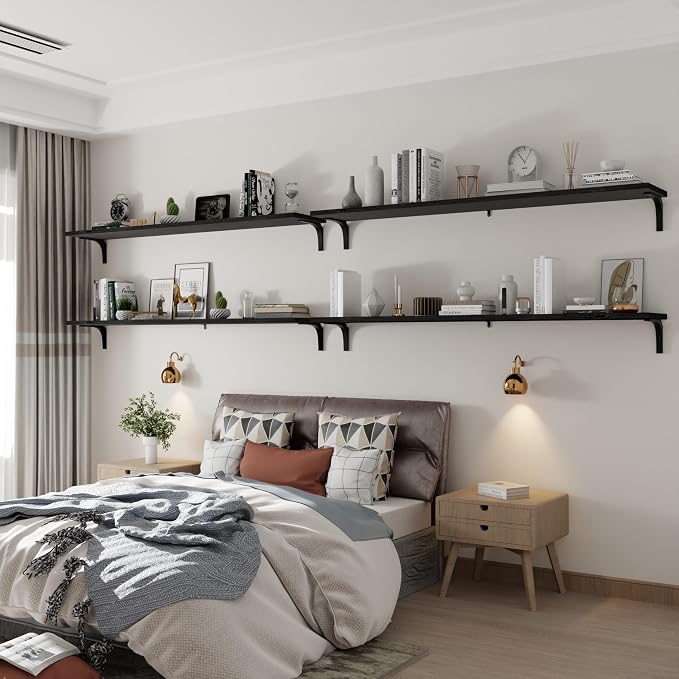 12 Inch Deep Floating Shelves Set of 4, 60 Inch Extra Wide Black Solid Wood Wall Shelves, 5ft Heavy Duty Farmhouse Wall Mounted Shelving for Kitchen, Living Room & Bedroom
