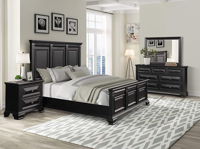 Roundhill Furniture Renova Vintage Black Wood Bedroom Set, King Panel Bed, Dresser, Mirror, Nightstand, Chest