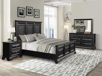 Roundhill Furniture Renova Vintage Black Wood Bedroom Set, King Panel Bed, Dresser, Mirror, Nightstand, Chest