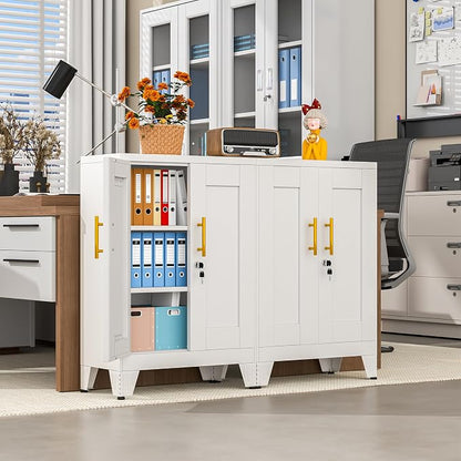 White Metal Storage Cabinet, 36" Tall Locking Storage Cabinet, 12”D | with 2 Adjustable Shelves, Steel Locker Organizer, Metal Freestanding Buffet Cupboards Sideboard for Office, Home, School,2PS