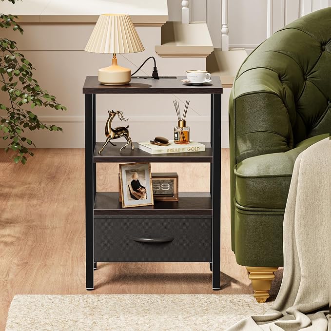 SUPERJARE Nightstand with Charging Station, Bed Side Table with Adjustable Fabric Drawer, Night Stand for Bedroom, 3-Tier Storage End Table, for Living Room - Walnut