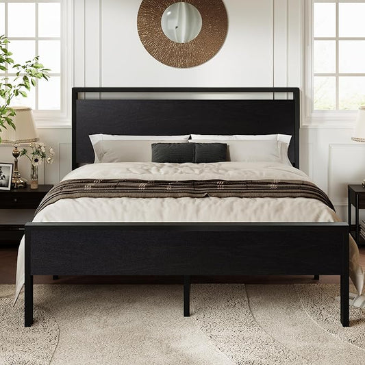 Allewie Full Size Platform Bed Frame with Wooden Headboard and Footboard, Heavy Duty 12 Metal Slats Support, No Box Spring Needed, Under-Bed Storage, Noise Free, Easy Assembly, Black Oak